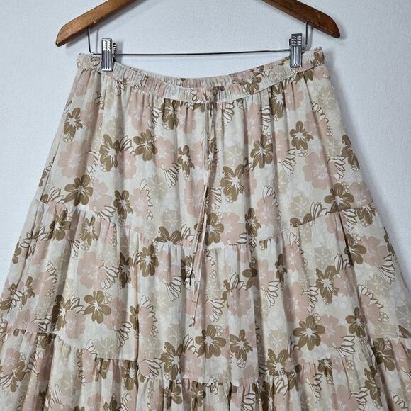 Aerie Tiered Maxi Skirt XL Ivory Beige Multi Floral Elastic Waist Tie Fairy Boho - Picture 2 of 12